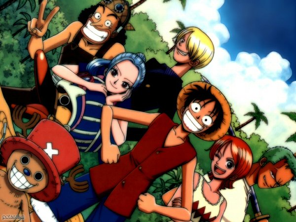 Anime picture 1024x768 with one piece toei animation nami (one piece) monkey d. luffy roronoa zoro sanji tony tony chopper usopp nefertari vivi carue tagme (artist) long hair looking at viewer fringe short hair open mouth black hair blonde hair smile standing