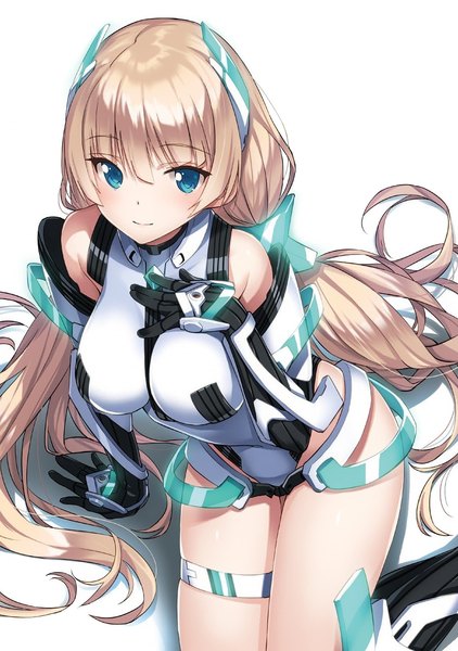Anime picture 900x1280 with expelled from paradise angela balzac saitom single long hair tall image looking at viewer blush fringe breasts blue eyes light erotic blonde hair large breasts sitting twintails very long hair from above shadow low twintails