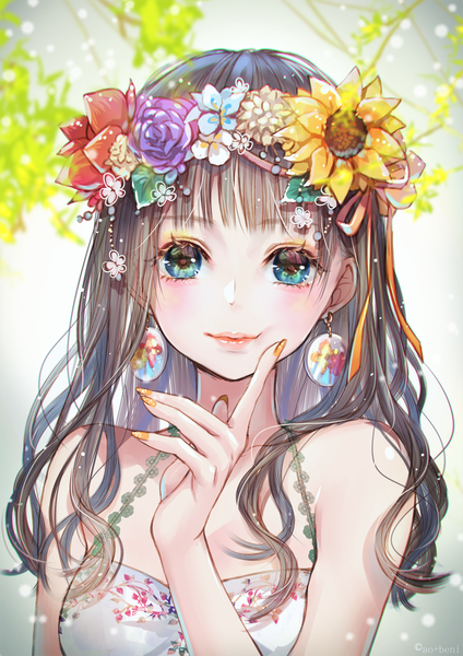 Anime picture 848x1200 with original ao+beni single long hair tall image looking at viewer blush fringe blue eyes brown hair signed blunt bangs nail polish fingernails lips sleeveless girl flower (flowers) ribbon (ribbons) earrings