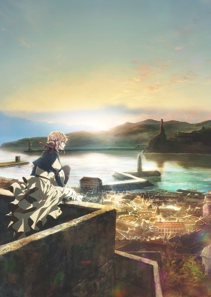 Anime picture 2907x4096 with violet evergarden kyoto animation violet evergarden (character) takase akiko single tall image highres brown hair sitting looking away sky cloud (clouds) ahoge profile from behind official art hair bun (hair buns) puffy sleeves lens flare city