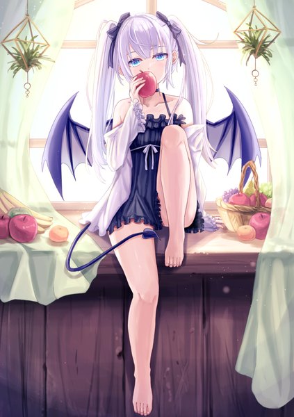 Anime picture 728x1032 with original moe2021 enokitake single long hair tall image looking at viewer fringe blue eyes light erotic sitting twintails bare shoulders holding payot silver hair bent knee (knees) indoors tail barefoot