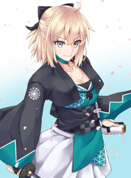 Anime picture 3541x4800 with fate (series) fate/grand order koha-ace okita souji (fate) (all) okita souji (koha-ace) yu sa1126 single tall image fringe highres simple background blonde hair smile hair between eyes standing holding looking away absurdres cleavage ahoge
