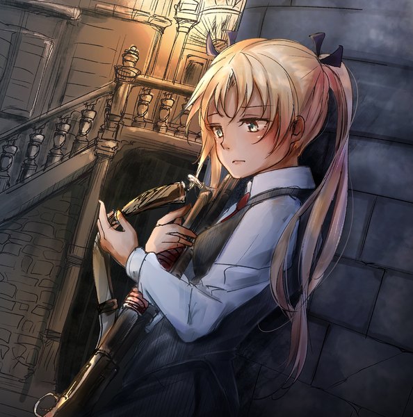 Anime picture 1600x1616 with gunslinger girl madhouse triela kimino yume single long hair tall image blush fringe blue eyes blonde hair standing twintails holding payot outdoors shiny skin against wall brick wall girl
