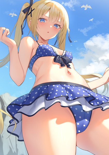 Anime picture 707x1000 with dead or alive dead or alive 5 marie rose alexmaster single long hair tall image looking at viewer blush fringe open mouth blue eyes light erotic blonde hair standing twintails payot sky cloud (clouds) outdoors