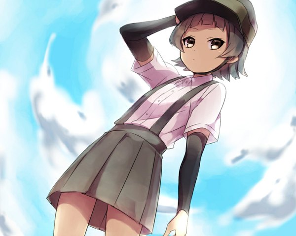 Anime picture 1000x800 with kantai collection arare destroyer sekina single fringe short hair black hair looking away sky cloud (clouds) black eyes from below hand on head girl uniform school uniform hat detached sleeves flat cap