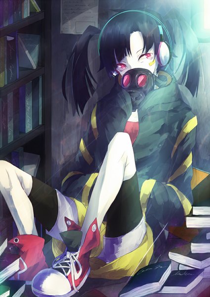 Anime picture 819x1156 with kagerou project shaft (studio) enomoto takane ya7se single long hair tall image fringe black hair red eyes sitting twintails looking away sunlight lacing hands in pockets girl shoes shorts book (books)