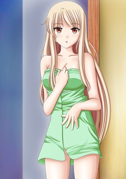 Anime picture 904x1280 with sakura-sou no pet na kanojo j.c. staff shiina mashiro artemisumi single long hair tall image looking at viewer open mouth light erotic blonde hair red eyes naked towel girl towel