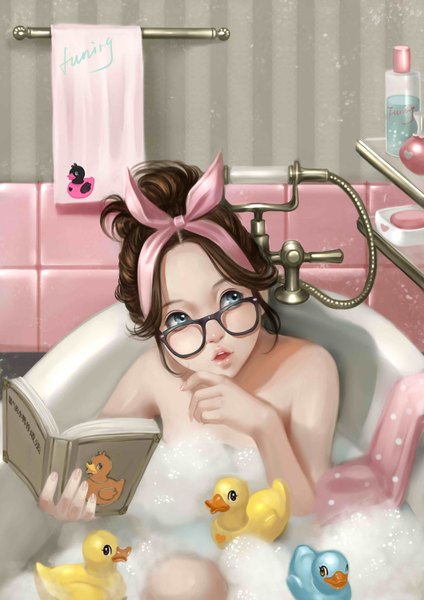 Anime picture 1060x1500 with original bobo1983 tall image short hair blue eyes light erotic black hair girl bow hair bow glasses book (books) toy towel bath suds rubber duck duck