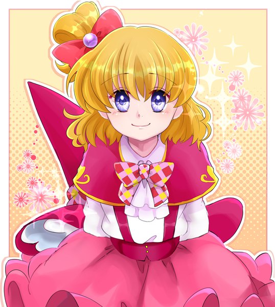 Anime picture 1500x1673 with precure mahou girls precure! toei animation asahina mirai tsuka d single tall image looking at viewer blush short hair blonde hair smile purple eyes sparkle side ponytail border hands behind back yellow background floral background girl
