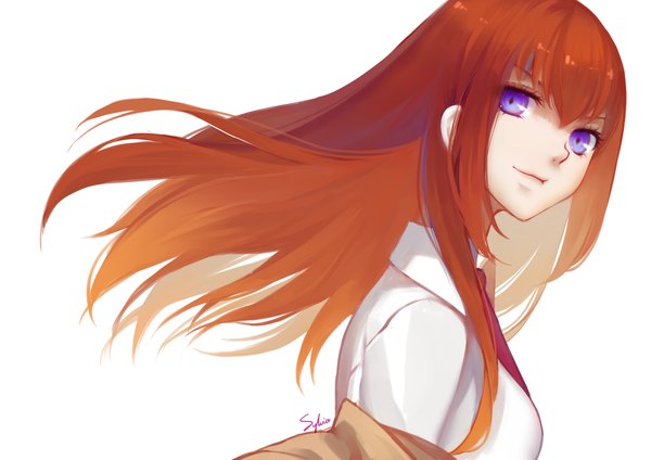 Anime picture 1413x1000 with steins;gate white fox makise kurisu slyvia single long hair fringe simple background smile hair between eyes brown hair white background purple eyes signed looking away upper body floating hair girl shirt necktie
