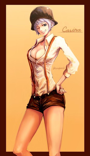 Anime picture 1184x2048 with one piece one piece film: gold toei animation carina (one piece) torapunch single tall image looking at viewer fringe short hair breasts blue eyes light erotic simple background smile standing signed cleavage purple hair one eye closed