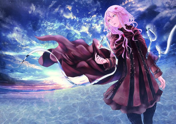 Anime picture 1414x1000 with guilty crown production i.g yuzuriha inori tanikku single long hair standing looking away pink hair sky cloud (clouds) pink eyes wind sunlight girl dress pantyhose water hairclip hair tubes
