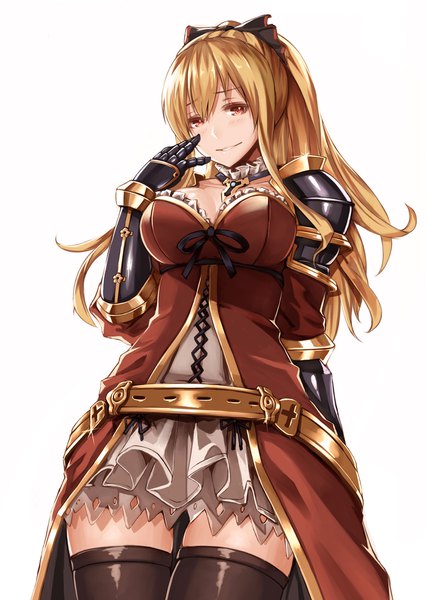 Anime picture 1419x2000 with granblue fantasy vira lilie esg (essagna) single long hair tall image looking at viewer blush fringe breasts simple background blonde hair smile hair between eyes red eyes large breasts white background cleavage ponytail parted lips