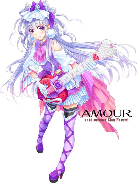 Anime picture 857x1145 with precure hugtto! precure toei animation ruru amour cure amour bigpink single long hair tall image looking at viewer blush fringe simple background standing white background purple eyes bare shoulders holding purple hair full body