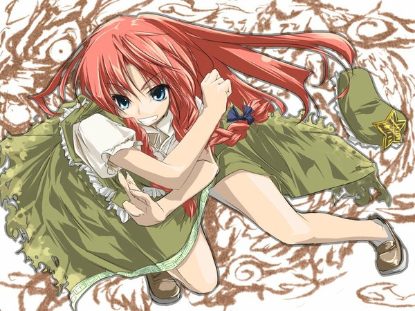 Anime picture 1024x768 with touhou hong meiling sanoharu single blue eyes red hair chinese clothes girl chinese dress