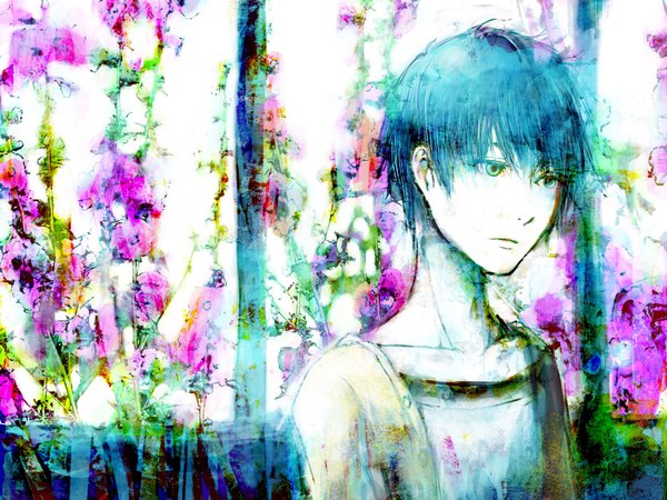 Anime picture 1800x1350 with vocaloid kaito (vocaloid) yokan ko (artist) single highres short hair blue hair aqua eyes boy flower (flowers)