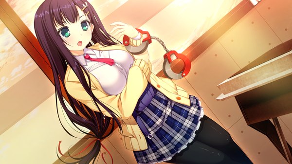 Anime picture 1280x720 with harvest overray giga ouno sumi single long hair looking at viewer open mouth blue eyes black hair wide image game cg girl uniform school uniform pantyhose handcuffs