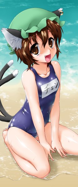 Anime picture 1024x2456 with touhou chen byeontae jagga single tall image looking at viewer short hair open mouth brown hair brown eyes animal ears tail animal tail barefoot from above cat ears bare legs cat tail happy multiple tails