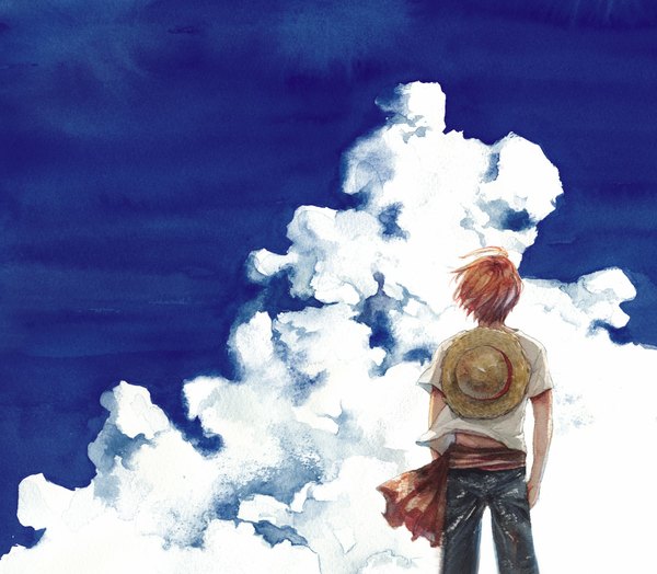 Anime picture 1000x874 with one piece toei animation shanks kusaco (artist) single short hair sky cloud (clouds) red hair wind from behind hands in pockets traditional media watercolor (medium) boy hat straw hat