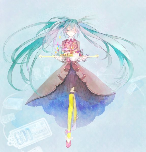 Anime picture 1980x2070 with vocaloid hatsune miku 10t (pixiv) single long hair tall image highres twintails eyes closed aqua hair tears crying girl thighhighs dress sweets cat cake balloon whale