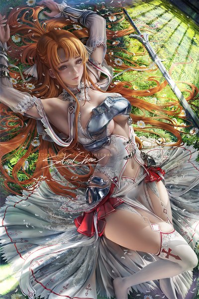 Anime picture 733x1100 with sword art online a-1 pictures yuuki asuna sakimichan single long hair tall image looking at viewer fringe breasts light erotic large breasts brown eyes signed cleavage outdoors lying braid (braids) parted lips sunlight
