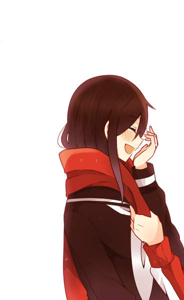 Anime picture 900x1466 with kagerou project shaft (studio) tateyama ayano kisaragi shintarou kiichigo (k-15) long hair tall image blush fringe open mouth simple background smile brown hair standing white background holding payot upper body ahoge eyes closed