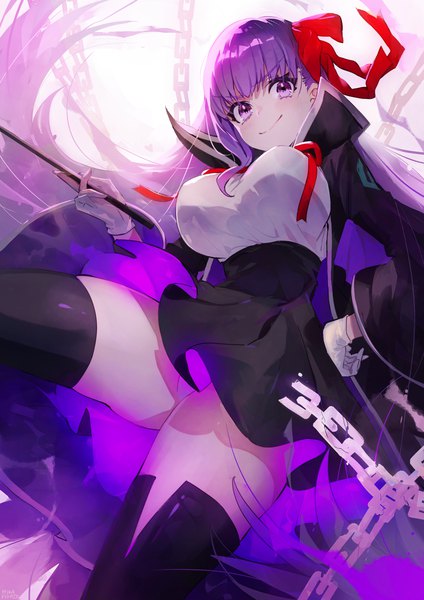 Anime picture 990x1400 with fate (series) fate/grand order bb (fate) (all) bb (fate/extra) mika pikazo single long hair tall image looking at viewer blush fringe breasts light erotic smile large breasts standing purple eyes holding purple hair blunt bangs