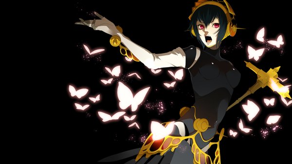 Anime picture 1920x1080 with persona 3 metis single highres short hair open mouth black hair red eyes wide image dark background girl gloves elbow gloves headphones insect butterfly android