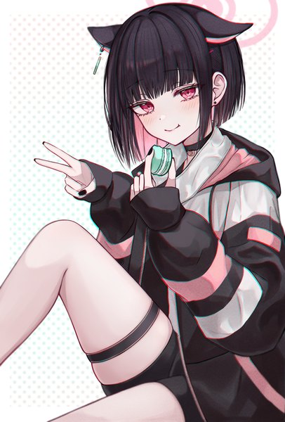 Anime picture 1759x2600 with blue archive kazusa (blue archive) mokamaboko single tall image looking at viewer fringe highres short hair black hair sitting animal ears pink hair blunt bangs long sleeves nail polish pink eyes multicolored hair sleeves past wrists victory