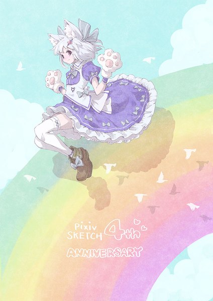 Anime picture 778x1100 with original pixiv satyuas single tall image looking at viewer short hair animal ears full body bent knee (knees) white hair cat ears shadow puffy sleeves midair anniversary girl thighhighs ribbon (ribbons) hair ribbon