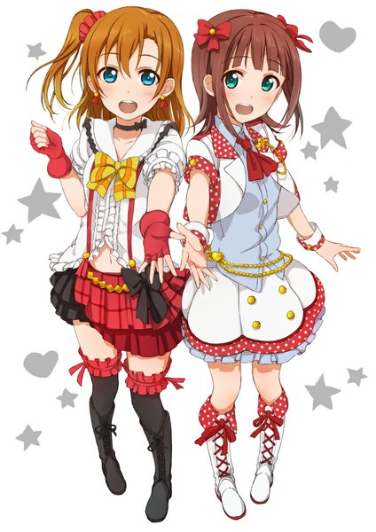 Anime picture 744x1052 with idolmaster love live! school idol project idolmaster shiny festa sunrise (studio) love live! kousaka honoka amami haruka krsk long hair tall image blush short hair open mouth blue eyes smile brown hair multiple girls green eyes orange hair one side up