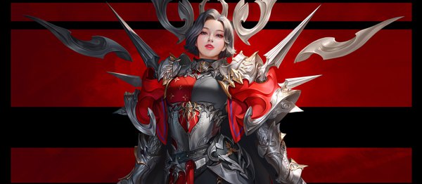 Anime picture 3840x1679 with original taekwon kim single looking at viewer highres short hair blue eyes black hair wide image white background parted lips mole mole under eye lipstick red background red lipstick cropped girl armor spaulder (spaulders)