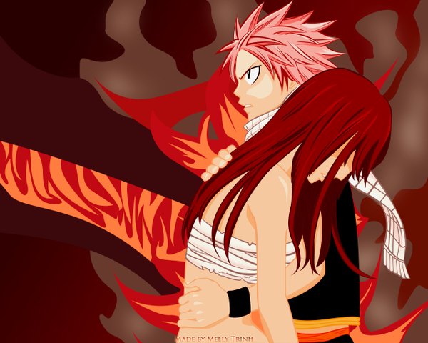 Anime picture 1280x1024 with fairy tail erza scarlet natsu dragneel long hair short hair bare shoulders signed looking away pink hair upper body red hair parted lips profile black eyes hug girl boy scarf bandage (bandages) wristlet