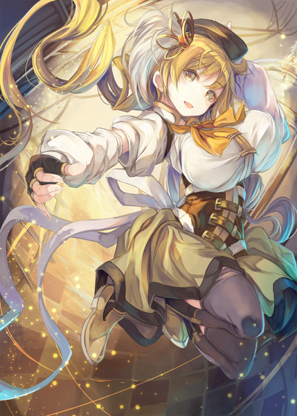 Anime picture 1000x1399 with mahou shoujo madoka magica shaft (studio) tomoe mami fal maro single long hair tall image looking at viewer breasts blonde hair large breasts brown eyes jumping magical girl underbust girl thighhighs dress gloves hair ornament