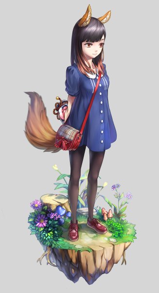 Anime picture 1371x2515 with original oujisama single long hair tall image fringe breasts black hair simple background standing brown eyes animal ears looking away tail animal tail multicolored hair light smile grey background fox ears fox tail