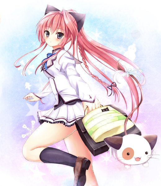 Anime picture 1038x1200 with mashiroiro symphony inui sana morerin single long hair tall image blush animal ears red hair braid (braids) black eyes cat ears twin braids girl skirt uniform school uniform miniskirt socks black socks