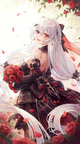 Anime picture 1125x2000 with honkai impact 3rd honkai (series) theresa apocalypse theresa apocalypse (luna kindred) theresa apocalypse (lunar vow: crimson love) ulquiorra0 single tall image looking at viewer fringe breasts open mouth light erotic smile hair between eyes red eyes large breasts standing twintails white hair