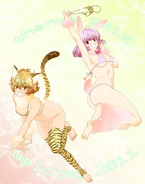 Anime picture 1421x1800 with original morisato yuuji (artist) tall image blush short hair light erotic blonde hair smile red eyes multiple girls animal ears pink hair tail barefoot cat ears orange eyes bunny ears soles girl 2 girls