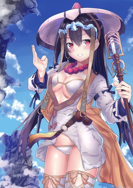 Anime picture 2894x4093 with fate (series) fate/grand order xuangzang sanzang (fate) muragaki (sgxx4878) single long hair tall image looking at viewer blush fringe highres light erotic black hair hair between eyes red eyes sky cloud (clouds) parted lips girl swimsuit