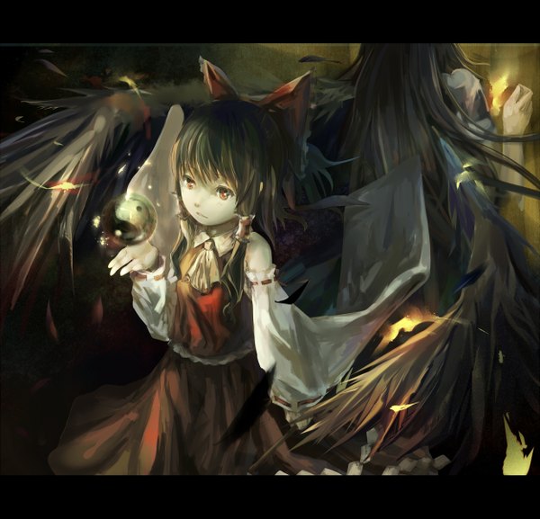 Anime picture 1250x1203 with touhou hakurei reimu reiuji utsuho rifsom long hair black hair red eyes multiple girls magic letterboxed miko black wings girl skirt bow 2 girls hair bow detached sleeves wings feather (feathers)
