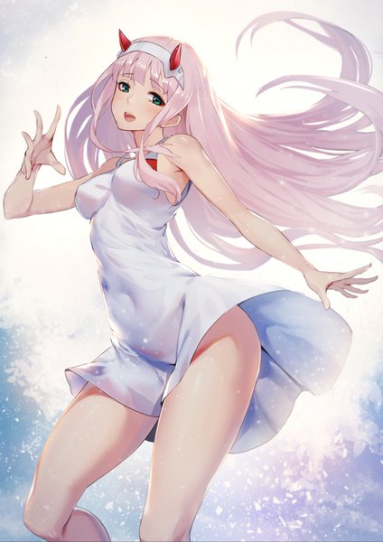 Anime picture 707x1000 with darling in the franxx studio trigger zero two (darling in the franxx) raijuu (bakanara) single long hair tall image looking at viewer blush fringe breasts open mouth light erotic standing bare shoulders pink hair blunt bangs horn (horns) aqua eyes no panties