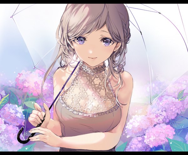 Anime picture 962x798 with original sakuragi kei single long hair looking at viewer fringe breasts purple eyes bare shoulders holding cleavage upper body outdoors braid (braids) light smile grey hair letterboxed transparent umbrella girl flower (flowers)