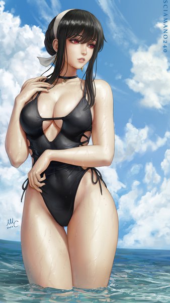 Anime-Bild 1688x3000 mit spy x family yor briar sciamano240 single long hair tall image fringe breasts light erotic black hair hair between eyes red eyes large breasts standing signed payot looking away sky cleavage cloud (clouds)