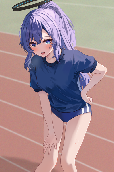 Anime picture 1200x1800 with blue archive yuuka (blue archive) yuuka (gym uniform) (blue archive) fanteam single long hair tall image looking at viewer blush fringe breasts open mouth blue eyes light erotic hair between eyes purple hair short sleeves leaning leaning forward hand on hip