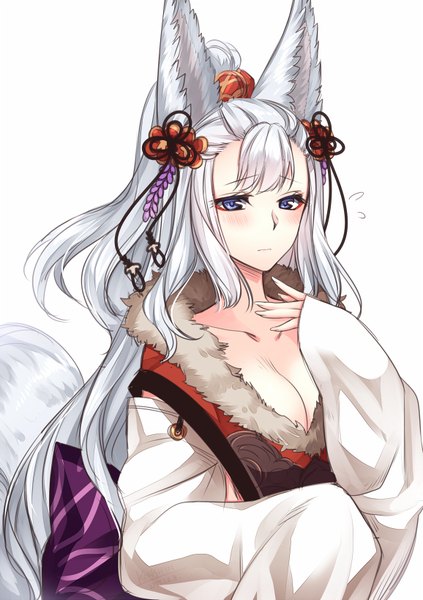 Anime picture 578x818 with granblue fantasy socie (granblue fantasy) konshin single long hair tall image looking at viewer blush breasts blue eyes white background animal ears cleavage silver hair upper body white hair ponytail tail long sleeves animal tail