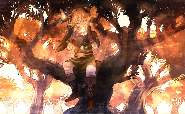 Anime picture 1375x844 with the legend of zelda link epona single short hair blonde hair wide image eyes closed pointy ears elf boy plant (plants) tree (trees) boots
