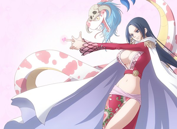 Anime picture 1150x840 with one piece toei animation boa hancock salome (one piece) kokotori (pixiv) long hair breasts light erotic black hair simple background smile white background blue hair black eyes huge breasts girl skirt navel earrings heart