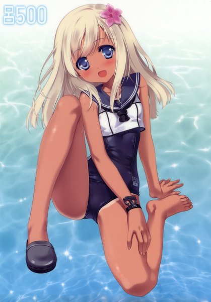 Anime picture 2544x3645 with kantai collection ro-500 submarine carnelian single long hair tall image looking at viewer blush highres open mouth blue eyes light erotic white hair hair flower scan girl hair ornament flower (flowers) swimsuit one-piece swimsuit