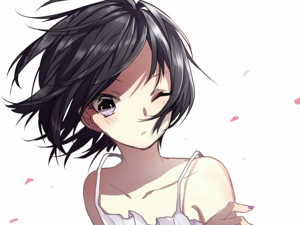 Anime picture 1600x1200 with original sogawa single blush short hair black hair simple background white background purple eyes bare shoulders looking away upper body nail polish one eye closed wind shaded face girl petals