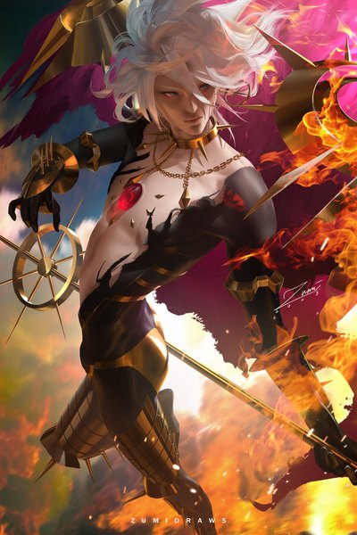Anime picture 2339x3508 with fate (series) fate/grand order karna (fate) zumi (zumidraws) single tall image fringe highres short hair blue eyes hair between eyes holding signed looking away silver hair bent knee (knees) wind realistic watermark shaded face